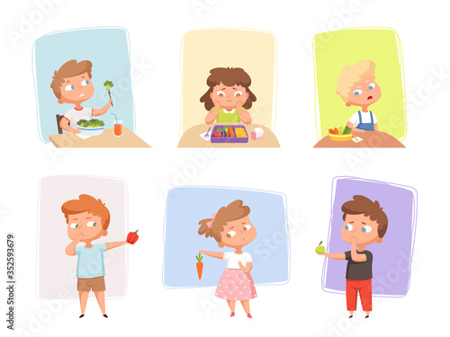 Vegetables for children. Unhappy kids dont like healthy fruits and vegetables emotional eating junk food sweets delicious meal hungry persons vector set. Kid dislike eating healthy food illustration