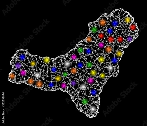 Web mesh vector map of El Hierro Island with glare effect on a black background. Abstract lines, light spots and dots form map of El Hierro Island constellation.