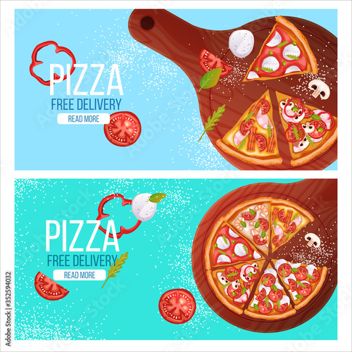 Two online pizza delivery banners with slices, cutting board, mozzarella, tomatoes, pepper on blue background. Italian food top view illustration with pepperoni, margherita, mushrooms, bacon, shrimp