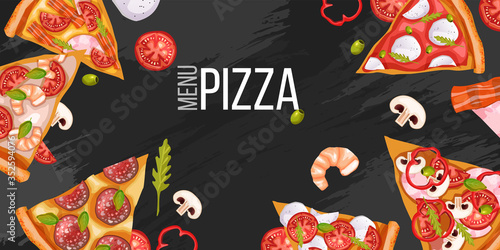 Pizza menu background with realistic slices, tomatoes, salami, shrimps. Pizzeria banner with pepperoni, margherita, champignons, mozzarella on black background. Italian food illustration top view