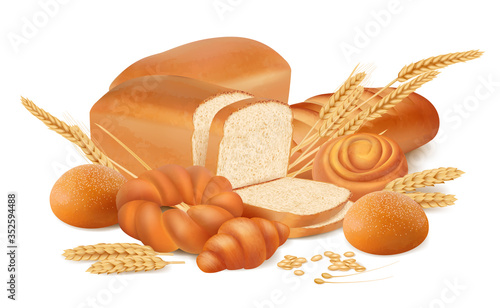 Fresh bread. Pretzels rolls bagels baking from wheat flour delicious bakery homemade sliced products vector isolated realistic set. Fresh baguette and croissant, bakery meal illustration