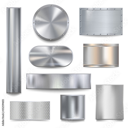 Metalized banners. Steel textured for borders frames metallic plaque vector realistic templates. Panel plaque, stainless sheet, steel plate illustration