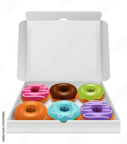 Donuts realistic. Bakery delicious tasty food donuts in package colorful pastry glazy products vector illustration. Package donut glazy, food tasty sweet