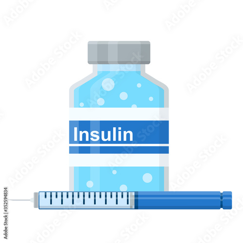 Control your Diabetes concept. Insulin pen syringe and insulin vial. flat style icon. concept of vaccination, injection. isolated vector illustration