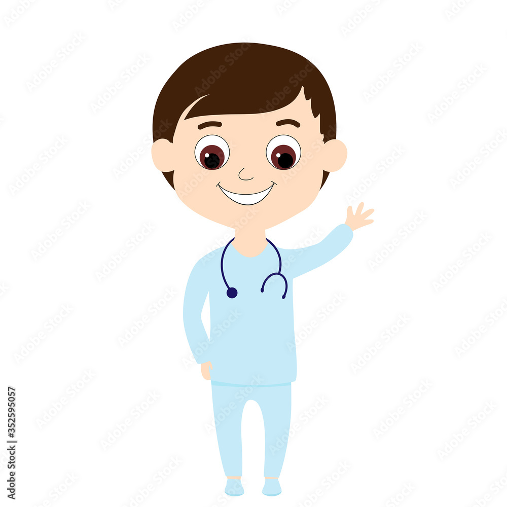 Happy boy in doctor clothes waving hello. Cute and friendly child for illustrations of medical themes for kids in a children's style. Illustrations of the types of profession for kids. Happy boy in doctor clothes waving hello. Cute and friendly child for illustrations of medical themes for kids in a children's style. Illustrations of the types of profession for kids.