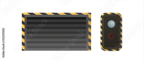 Black shutter door for warehouse. Hopper door. Door for a military bomb shelter. Element for the design of warehouses, bins and garages. Isolated. Vector.