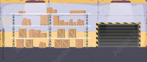 Large warehouse with drawers. Rack with drawers and boxes. Carton boxes. Vector.