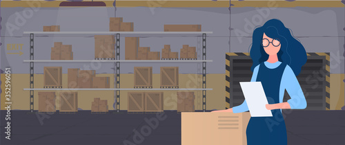 Large warehouse with drawers. Rack with drawers and boxes. A girl with a list of goods in her hands. A woman holds an invoice in her hand. Carton boxes. Vector.