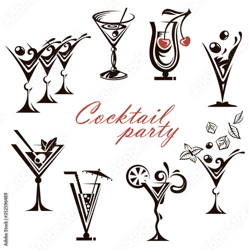 collection of different cocktail glasses isolated on white background