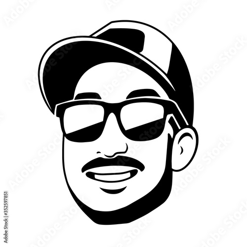 BLACK-WHITE LOGO MAN IN BLACK GLASSES AND CAP. USED ​​FOR PRINTING BUSINESS T-SHIRTS AND T-SHIRT DESIGN