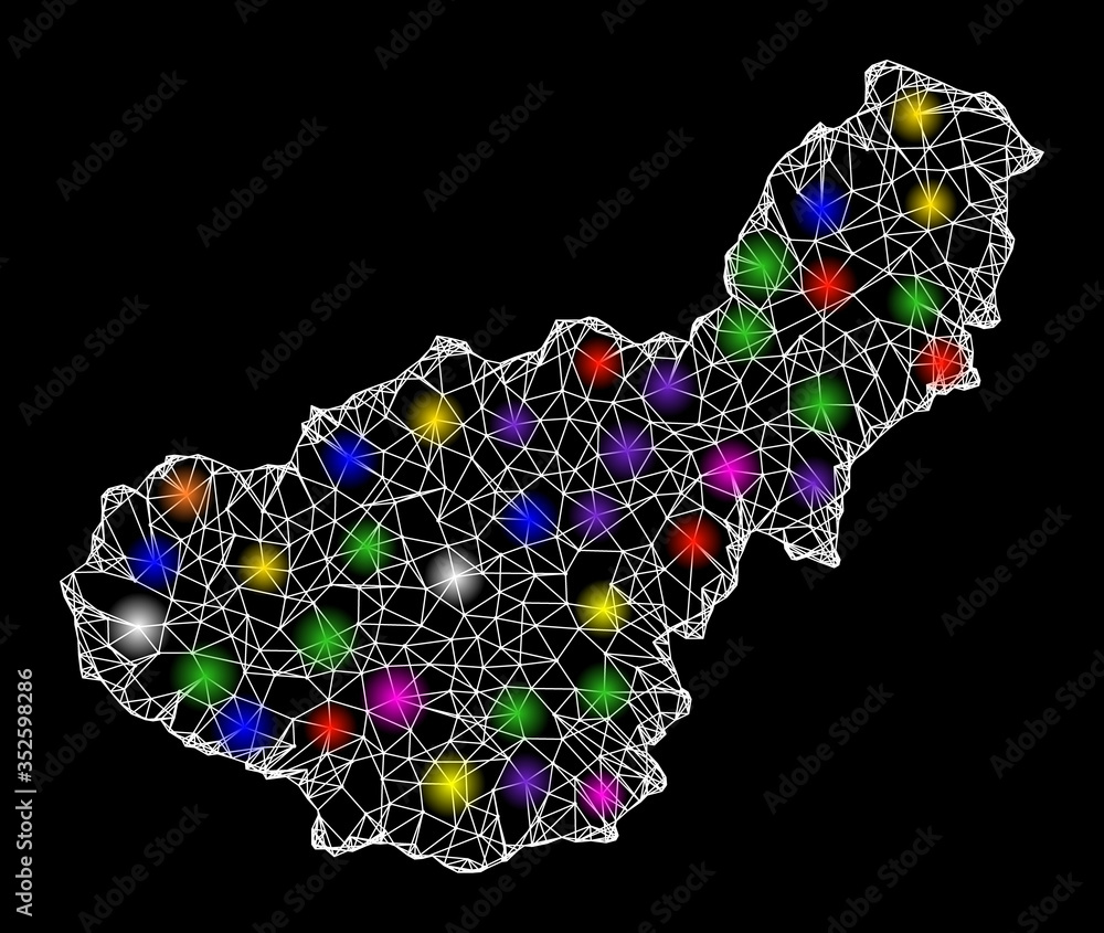 Web mesh vector map of Granada Province with glare effect on a black background. Abstract lines, light spots and spheric points form map of Granada Province constellation. Web mesh vector map of Granada Province with glare effect on a black background. Abstract lines, light spots and spheric points form map of Granada Province constellation.