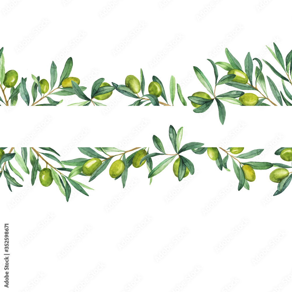 Seamless border with green olive branches and leaves on white background. Hand drawn watercolor illustration.