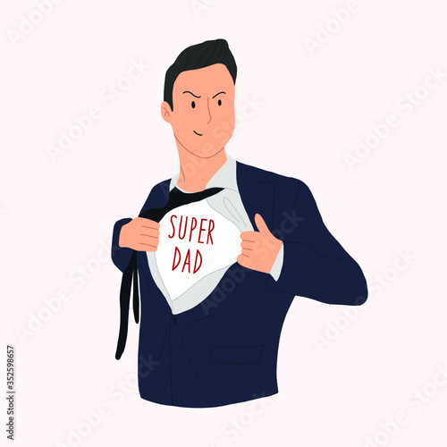 Man in a suit with the inscription "Super Dad".
Greeting card,banner for father's day.
Vector hand drawn illustation.