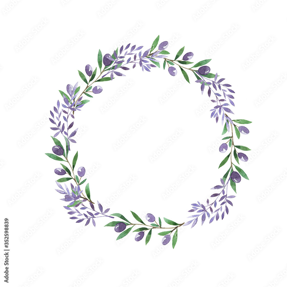 Decorative violet and green branches with berries and leaves frame isolated on white background. Hand drawn watercolor illustration.
