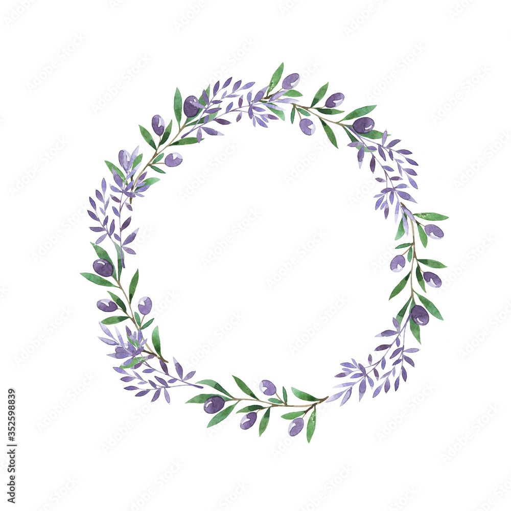 Decorative violet and green branches with berries and leaves frame isolated on white background. Hand drawn watercolor illustration. Decorative violet and green branches with berries and leaves frame isolated on white background. Hand drawn watercolor illustration.