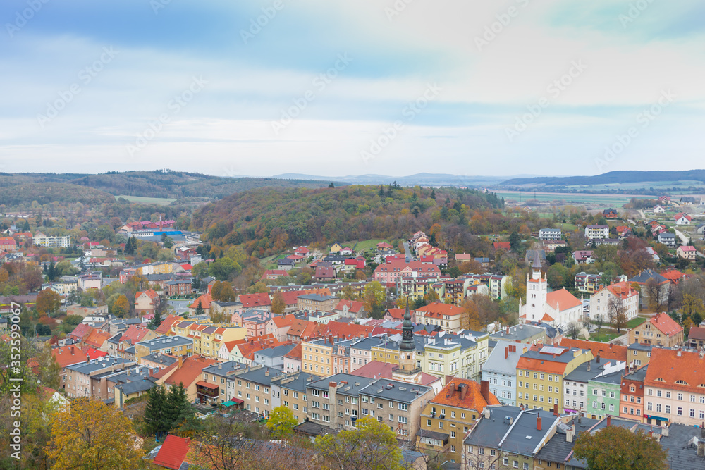 Polska, dolny Śląsk, Bolków, widok na fragment miasteczka z góry, z lotu ptaka