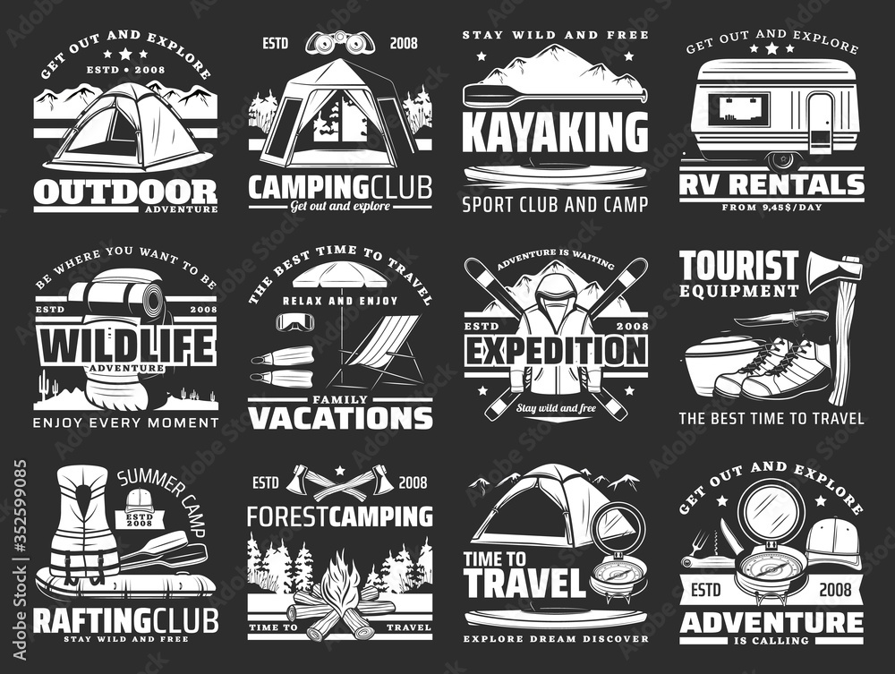 Sport, travel and active leisure vector icons. Hiking and camping tools, ski and mat, travel trailer and tent, axe and boat, backpack and rafting equipment. Kayaking sport, campfire and rv van rent Sport, travel and active leisure vector icons. Hiking and camping tools, ski and mat, travel trailer and tent, axe and boat, backpack and rafting equipment. Kayaking sport, campfire and rv van rent