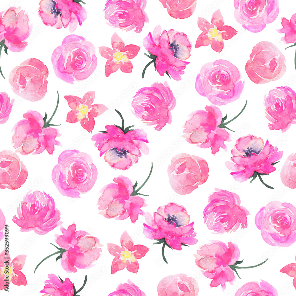Seamless pattern with abstract roses and peony flowers on white background. Hand drawn watercolor illustration.