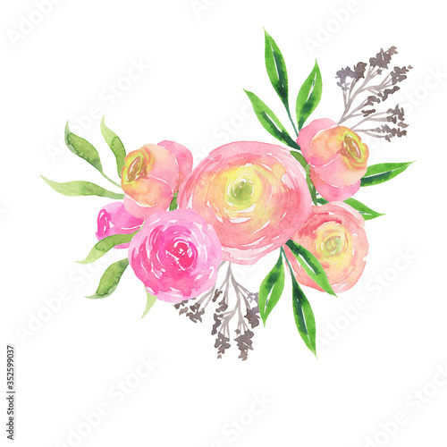 Pastel pink cute roses and flowers and leaves bouquet on white background. Hand drawn watercolor illustration.