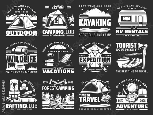 Sport, travel and active leisure vector icons. Hiking and camping tools, ski and mat, travel trailer and tent, axe and boat, backpack and rafting equipment. Kayaking sport, campfire and rv van rent