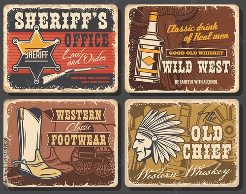 Wild west retro posters set, vector grunge cards with sheriff star, whiskey bottle, cowboy shoes and Indian warrior with plumage feather headdress. Vintage wild west wagon wheel or Western stagecoach