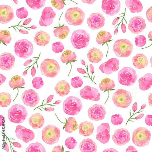 Seamless pattern with decorative roses and peony flowers on white background. Hand drawn watercolor illustration.