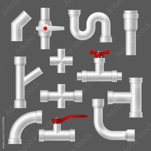Plastic pipes and tubes, pipeline fittings realistic isolated 3d vector objects set. Pipeline tube parts with red valves, plumbing fittings. Factory pipes, house pvc sewer sections, plastic piping