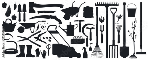 Gardening, farming tools, instruments and equipment isolated vector black silhouettes. Farmer and gardener shovel, ax, knife and wheelbarrow, saw. Fruits and vegetable harvest, seeds and sprouts set