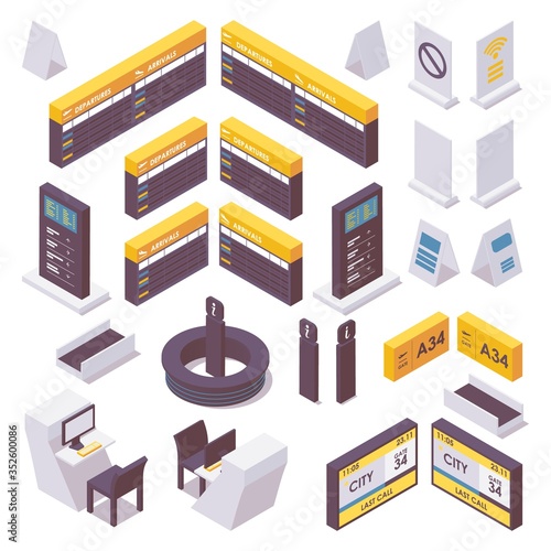 Isometric set of airport information desk, check-in desks and signs