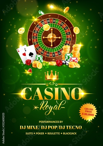 Casino gambling games vector flyer with roulette wheel, chips and dice, poker playing cards, gold coins and crown, decorated by golden sparkles. Game of chance and gambling club event poster design