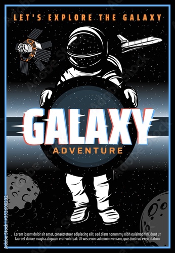 Astronaut or spaceman in outer space, vector with glitch effect. Spaceman galaxy explorer in spacesuit fly in starry sky with planets, satellite and shuttle. Universe exploration adventure