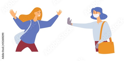 Flat concept illustration with two women during covid-19 pandemic. Greeting gesture stopping for health and protection from coronavirus
