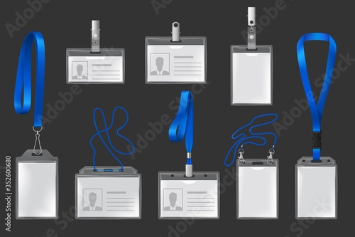 Plastic badges on lanyards and holders realistic, 3d vector set. Isolated id passes on blue cords with metal clips. Plastic badges for presentation or pass conference visitors, press and media access