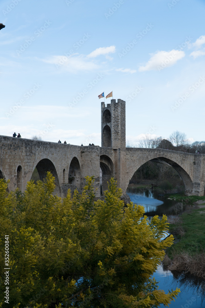 puente medieval con cielo azul y reflejo sobre el agua del rio que pasa por debajo en besalu