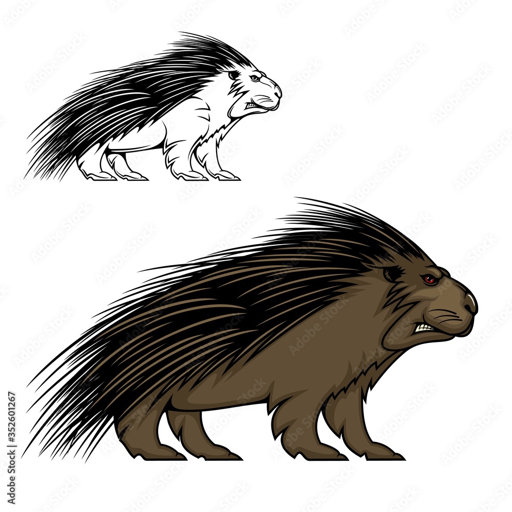 Porcupine or hedgehog vector mascot animal. Wild forest mammal with sharp  spines or quills, brown fur, red eyes and angry grin. Predatory rodent  sport team label or hunter club, porcupine emblem Stock