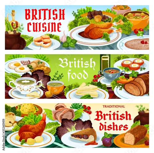 Britain cuisine vector food cod with sauce, scotch smoked trout plate. Christmas turkey, english kidney soup, beef wellington or scones. Scottish eggs, broccoli and vegetable puree dishes banners set
