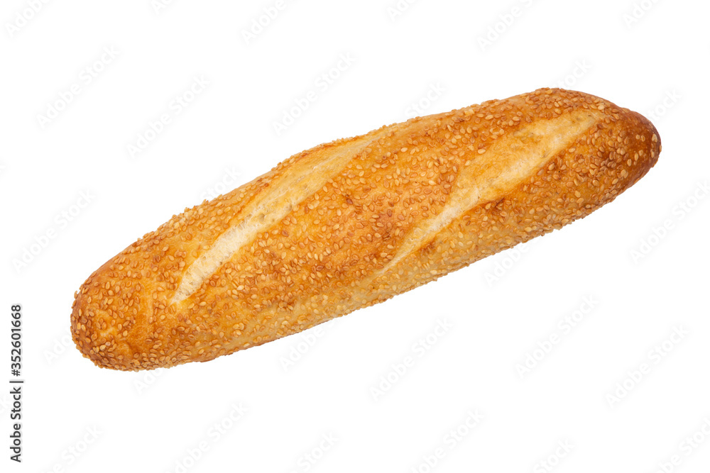 Wheat loaf with sesame seeds on a white isolated background. Flat lay. Copy space. Wheat loaf with sesame seeds on a white isolated background. Flat lay. Copy space.