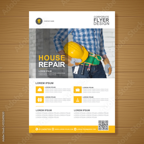 Corporate construction tools cover a4 template and flat icons for a report and brochure design, flyer, banner, leaflets decoration for printing and presentation vector illustration