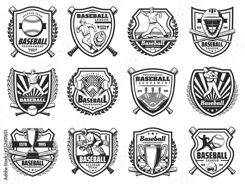 Baseball sport and players vector icons. Sports team club badges or league tournament monochrome signs. Baseball or softball game championship trophy, player bat and ball with helmet and equipment