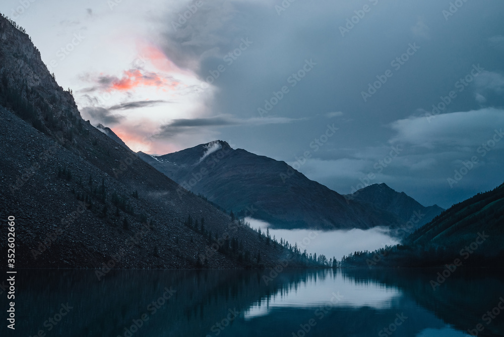 Low cloud above alpine lake. Silhouettes of trees reflected on mountain lake. Firs and pines above calm water in dense fog. Highland tranquil landscape at early morning. Ghostly atmospheric scenery.