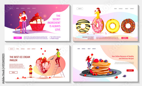 Set of web pages with ice cream, pancakes, cupcake, donuts and tiny people. Bakehouse, Sweet products, Dessert concept. Vector illustration for poster, banner, flyer, advertisement, commercial, menu. 