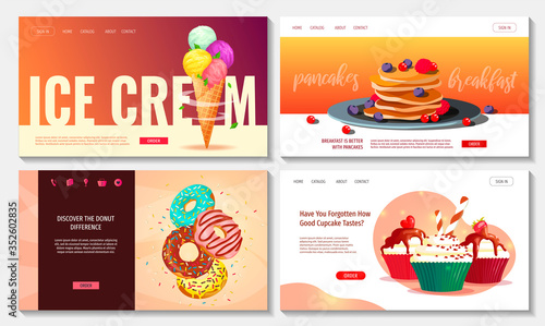 Set of web pages with ice cream, pancakes, cupcakes and donuts. Bakehouse, Sweet products, Dessert concept. Vector illustration for poster, banner, flyer, advertisement, commercial, menu. 