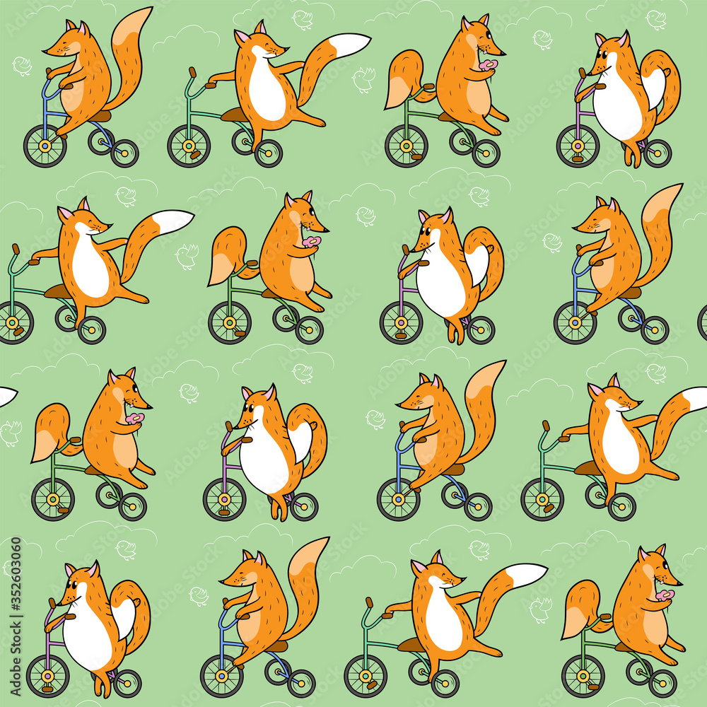 Fototapeta premium Seamless pattern with foxes on bicycles, clouds and birds. Animalistic vector background. Orange, white and green tones