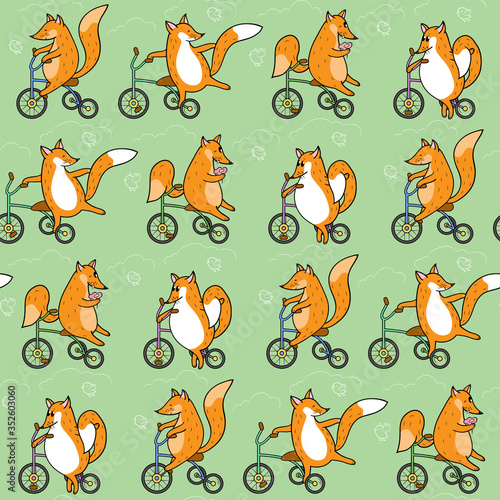 Seamless pattern with foxes on bicycles, clouds and birds. Animalistic vector background. Orange, white and green tones