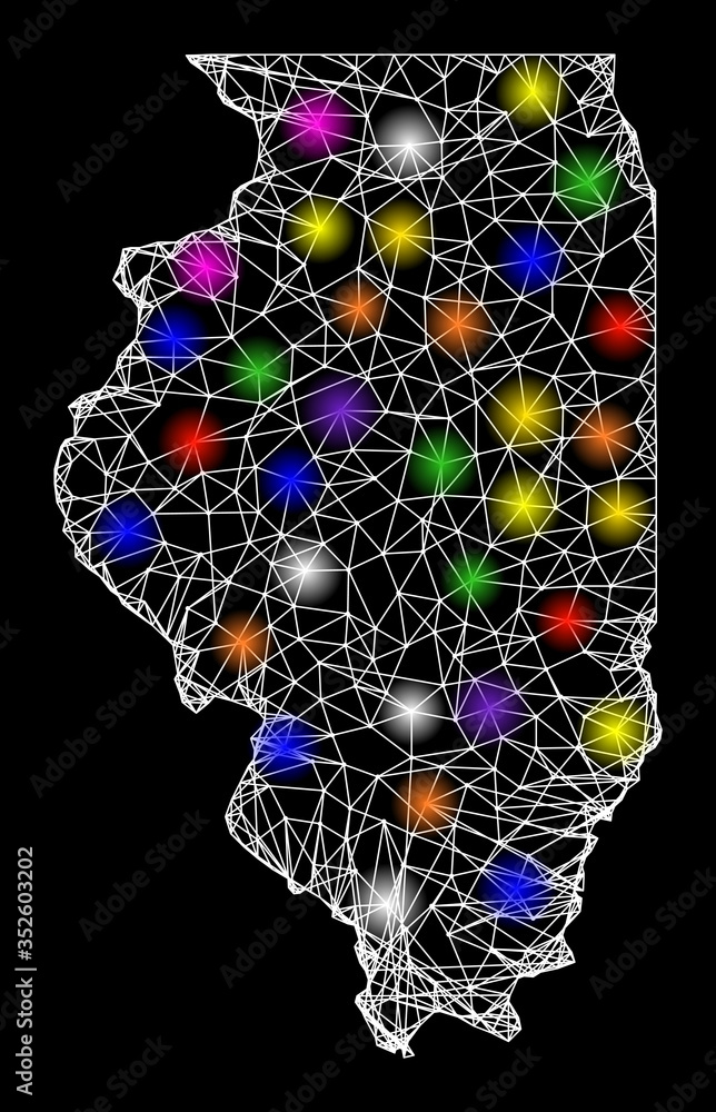 Web mesh vector map of Illinois State with glare effect on a black background. Abstract lines, light spots and points form map of Illinois State constellation. Web mesh vector map of Illinois State with glare effect on a black background. Abstract lines, light spots and points form map of Illinois State constellation.