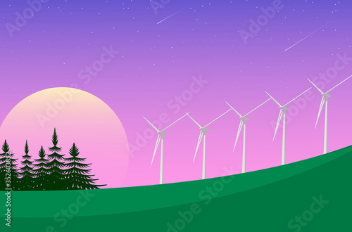 Beautiful graphic landscape of trees and windmills. Purple starry sky. 