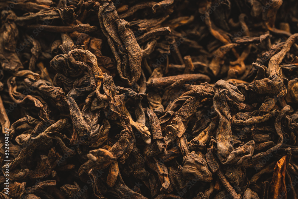 Macro detail of dried black tea leaves