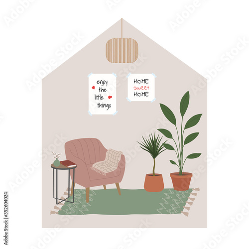 Stay home concept. Scandinavian room interior. Modern comfy apartment in hygge style. Armchair, coffee table, plants in pots, posters, flowers, home decorations. Relaxation at home. Flat illustration