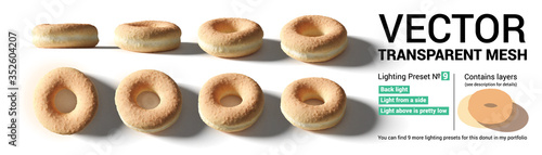 Set of donut buns captured from different camera angles.
Contains 3 separate layers: buns, shadow and reflected light.
Please check my gallery for 9 more various lighting presets of this set.