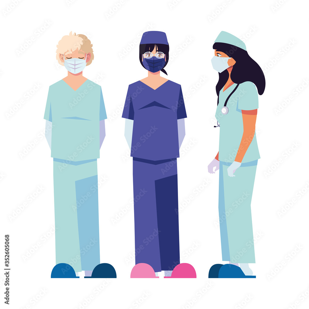 female and male doctors with uniforms and masks vector design